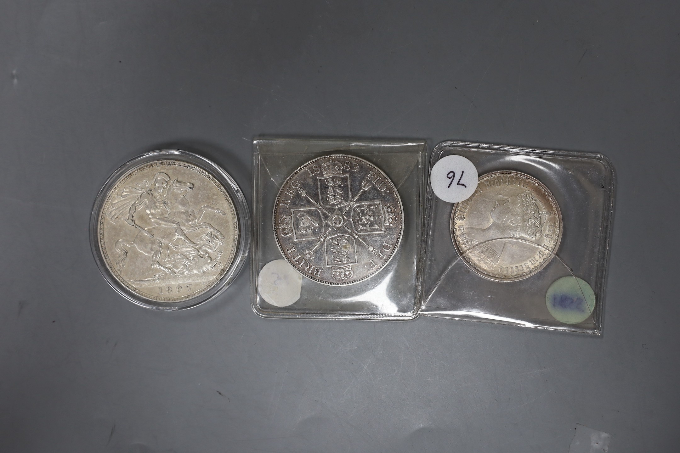 UK coins, Victoria double florin 1889 (Arabic 1), VF, a Gothic Florin 1855, VF and a Crown 1897 (LXI), VF (3)